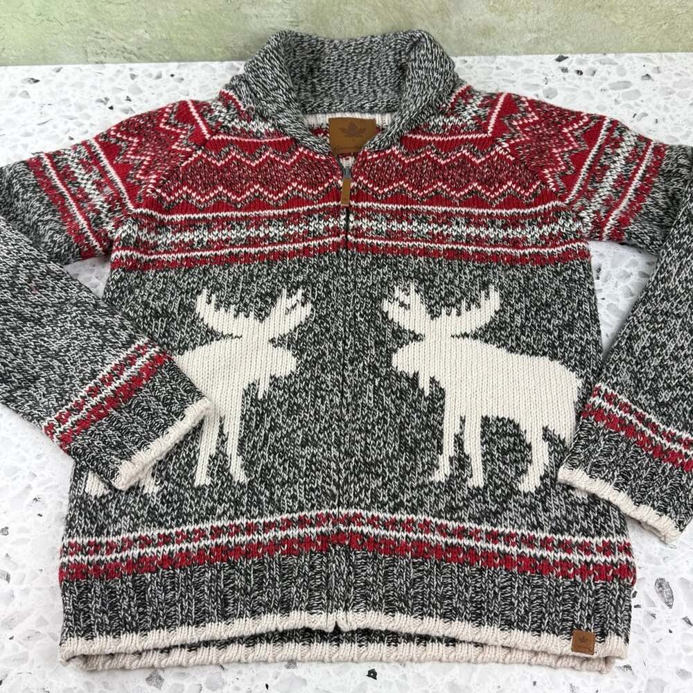 Canadiana Moose Sweater Size XL Red Grey Zip Front Cardigan kids XL / adult XS/S